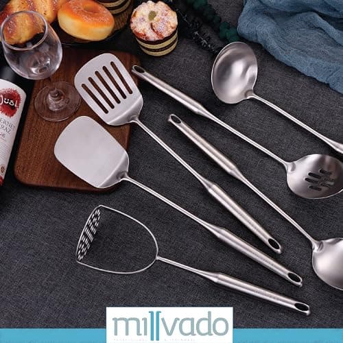 Millvado Stainless Steel Kitchen Utensil Set, Cooking Utensils, Set of 6 Kitchen Tools, Solid Spoon, Slotted Spoon, Solid Turner, Slotted Turner, Soup Ladle, Potato Masher, Dishwasher Safe thumbnail 2