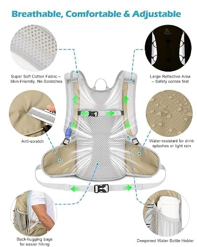 Hydration Backpack with 2L Water Bladder - Lightweight 15L Daypack with Phone-Sized Hip Belt Pockets, Anti-Chafe Cotton Edging & No-Bounce Straps - Small Water Backpack for Hiking, Running, Skiing thumbnail 4