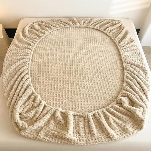 Waffle Weave Queen Fitted Sheet Deep Pocket 15" - Ultra Soft Textured Bed Sheet with Elastic All Around - Breathable Hotel Quality Bedding, Sand Beige thumbnail 3