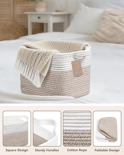 JOJOSEE Woven Storage Basket, Cotton Rope Basket for Shelves Toys Organizer, Square Storage Baskets for Books, Shoes, Decorative Gift Baskets for Home Bathroom Organizer 33x25x22.5cm (White&Brown) thumbnail 3