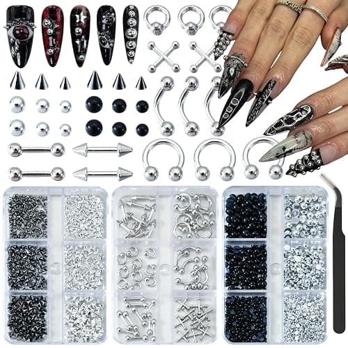 UWETIME Goth Nail Charms Metal Charms for Nails Studs Black Silver Punk | 3 Boxes - Image 1