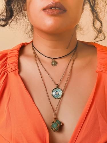 MINACHI Bohemian Retro Style Multi Layer Necklace, Green Crystal Sun and Floral Pendant, Ethnic Jewelry for Women thumbnail 3