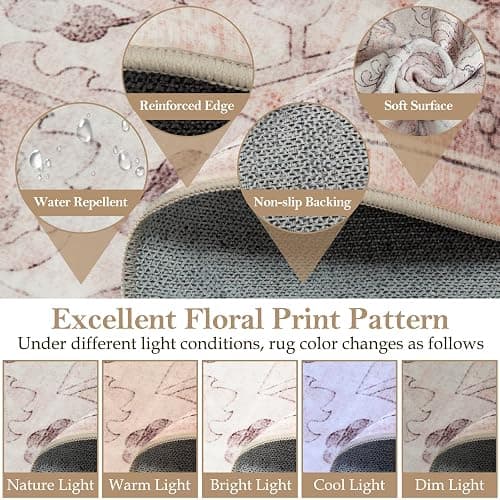 CAPALOCA Machine Washable 5x7 Area Rugs for Living Room Vintage Carpet Non Slip Low Pile Water Repellent Soft Print Pattern for Bedroom Indoor Decor Polyester Rug Pink - Pink - 5x7 thumbnail 4