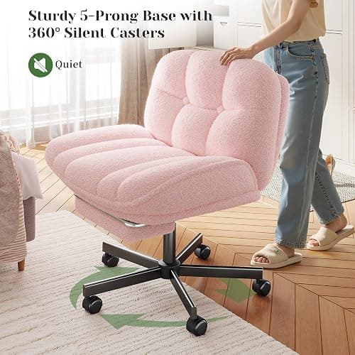 DurayLoly Cross Legged Office Chair with Foot Rest, 6.3" Thick Cushioned Criss Cross Chair with Wheels, Height Adjustable Swivel Vanity Chair for All-Day Comfort (Pink) thumbnail 7