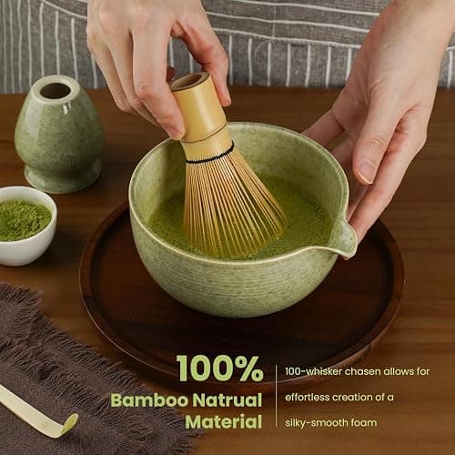 Matcha Whisk Set, Handcrafted Bamboo Chasen & Ceramic Bowl Matcha Kit, Complete 5 Pcs Matcha Set Whisk and Bowl W/Stainless Steel Sifter, Bamboo Scoop & Holder for Matcha Tea Ceremony (Mottled Green) thumbnail 4