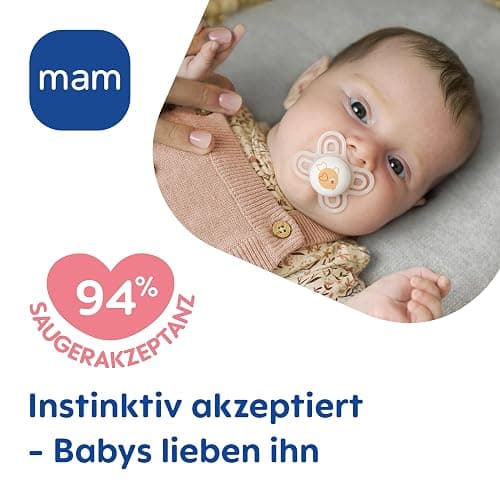 MAM Perfect Start Schnuller im 2er-Set, speziell für Neugeborene, zahnfreundlicher Baby Schnuller aus nachhaltigen & bio-erneuerbaren Materialien, mit Schnullerbox, 0-2 Monate, Bär/Elefant - 0-2 Monate - Bär/Elefant thumbnail 3