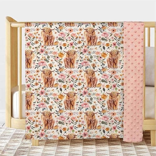 Highland Cow Baby Blanket for Girls, Boho Floral Farmhouse Highland Cow Toddler Soft Minky Blanket with Double Layer Dotted Backing, Nursery Newborn Baby Crib Receiving Blanket Western Cow, 30"x40" thumbnail 2