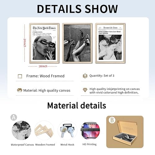 Trendy The New York Times Wall Art 16x24 in Wood Framed Black and White Elegant Urban Feminist Canvas Posters Retro Trendy Cocktail Girly Posters Bar Cart Newspaper Living Room Wall Decor Set of 3 thumbnail 3