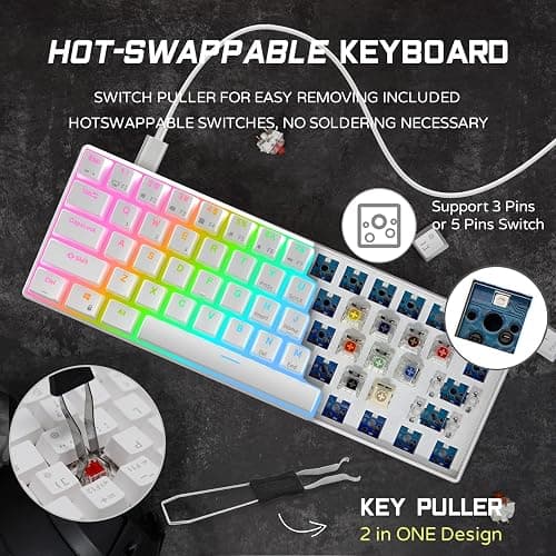 RK ROYAL KLUDGE RK61 Wired 60% Mechanical Gaming Keyboard Programmable QMK/VIA RGB Backlit 61 Keys Ultra-Compact Hot Swappable Brown Switch White - Hot-Swappable Brown Switch - White thumbnail 3