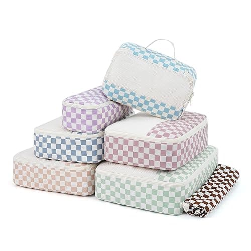 Narwey 7 Set Packing Cubes Travel Organizer, Packing Cubes Carry on Luggage Set Suitcase Backpack for Travelling, Travel Essentials Accessories Cubes with Laundry Bag (Combined Checkerboard) - Image 1
