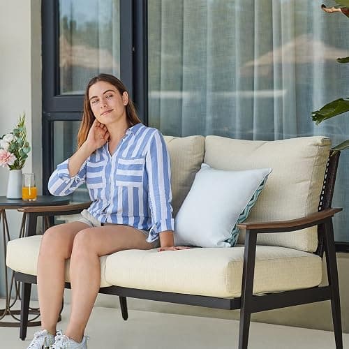 NATURAL EXPRESSIONS Patio Loveseat Sofa Outdoor Furniture Metal Chair with Wicker Backrest & 6 Inches Cushion for Indoor, Front Porch, Deck, Balcony, Backyard, 51.77"(L) x 29.75"(W) x 33.86"(H). thumbnail 8