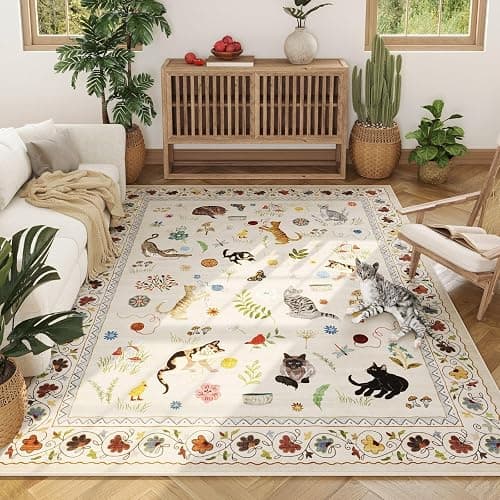 Rugcomf Living Room Rug 5x7 Rug Machine Washable Boho Area Rug Non Slip Floral Animal Cat Vintage Low Pile Large Rugs for Living Room Bedroom Farmhouse Dining Room Kids Playroom, Beige - Image 1