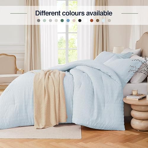 Quataly SkyBlue Queen Comforter Set - 3 Pieces Seersucker Lightweight Bedding Comforter Sets (1 Soft Fluffy Comforter & 2 Pillowcases) - All Seasons Cozy Modern Bed Sets thumbnail 5