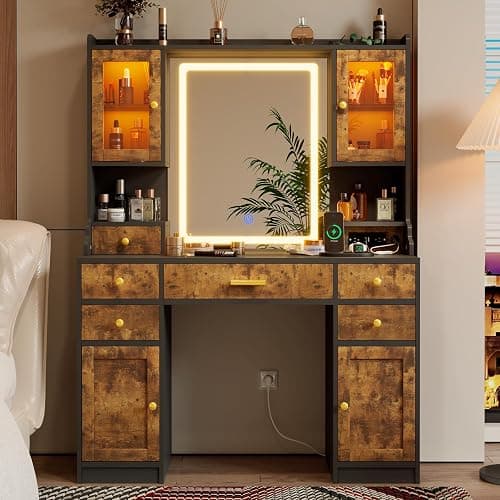 CSZZD Makeup Vanity Desk with Mirror and Lights in 3 Colors, Dressing Vanity Table with Charging Station, Large Vanity Mirror with 6 Storage Drawers & 2 RGB Cabinets for Girls, Women, Rustic Brown thumbnail 9