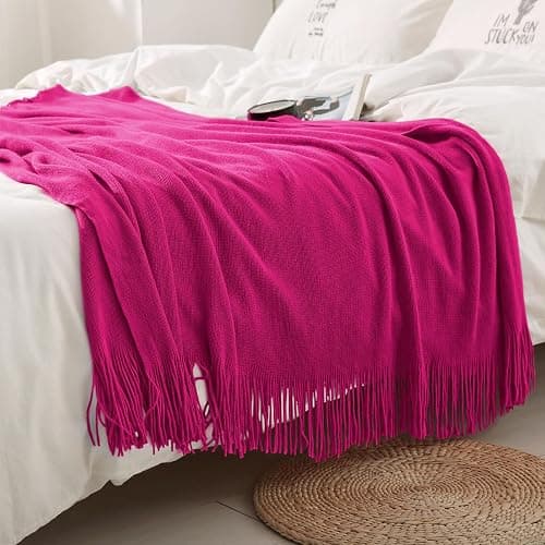 Homiest Dark Pink Knitted Throw Blanket with Fringe, 50x60 Inch | Pure Acrylic, Lightweight & Breathable, All-Season Use, Machine Washable, Wrinkle & Fade Resistant, for Couch Sofa And Bed thumbnail 4