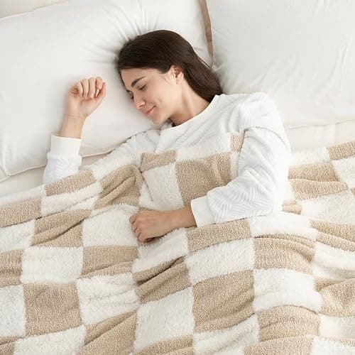 Snuggle Sac Checkered Throw Blanket Faux Fur Microfiber Blankets for Couch,Cozy Soft Warm Blanket for Sofa Bedroom Living Room,Beige Checker,50x60 inches thumbnail 3