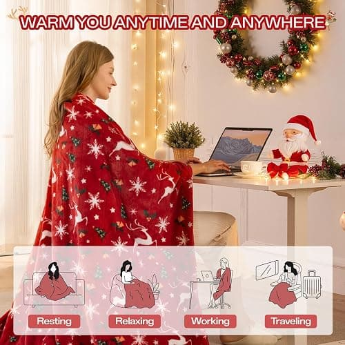Electric Blanket Heated Throw, Soft Flannel Christmas Heated Blanket with 8 Hours Auto Off & 8 Fast Heating Levels Machine Washable Sherpa Heating Blanket with Overheating Protection Gift for Women thumbnail 7