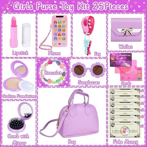Kids Purple Play Purse Set for Little Girls 3-5 with Wallet Accessories | My First Pretend Handbag with Sunglasses, Cards, Interactive Keys, Smartphone and Fake Money Makeup Set thumbnail 8