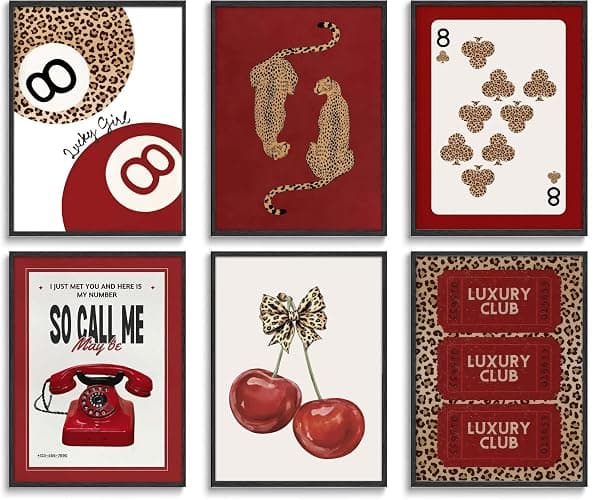 SYZPIKU 6Pcs Trendy Red Leopard Wall Art Cheetah Wall Decor Lucky 8 Ball Poster Red Cherry Bow Canvas Painting for Girls Bedroom Apartment Dorm Home Artwork Decorations Unframed - Image 1