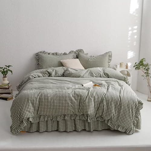 mixinni Green Ruffle Duvet Cover King Size 3 Pieces – 100% Washed Cotton, Vintage Plaid Ruffled Bedding Set with Zipper Ties, Soft Checkered Grid Farmhouse Chic Comforter Cover Set thumbnail 3