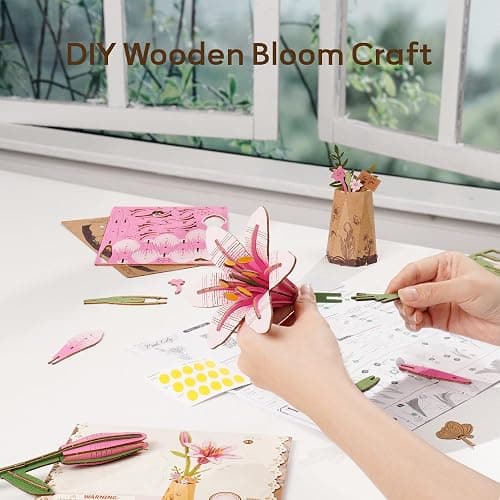 ROBOTIME 3D Wooden Lily Flower Puzzle TW071 - DIY Assembly Model Kit, Artificial Wood Flowers for Home Decoration, Relaxing Crafts for Adults, Valentine's Gift thumbnail 2