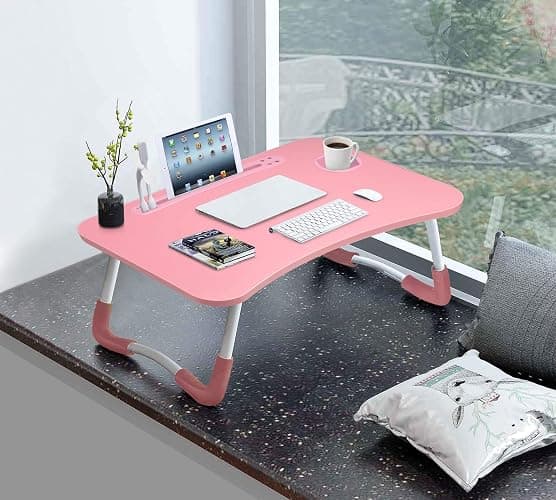 Slendor Lap Desk with Cup Holder, Foldable Laptop Table for Bed, Portable Bed Desk for Laptop and Writing, Computer Tray with Tablet Slot, Notebook Stand Reading Holder for Couch Sofa Floor,Pink thumbnail 6