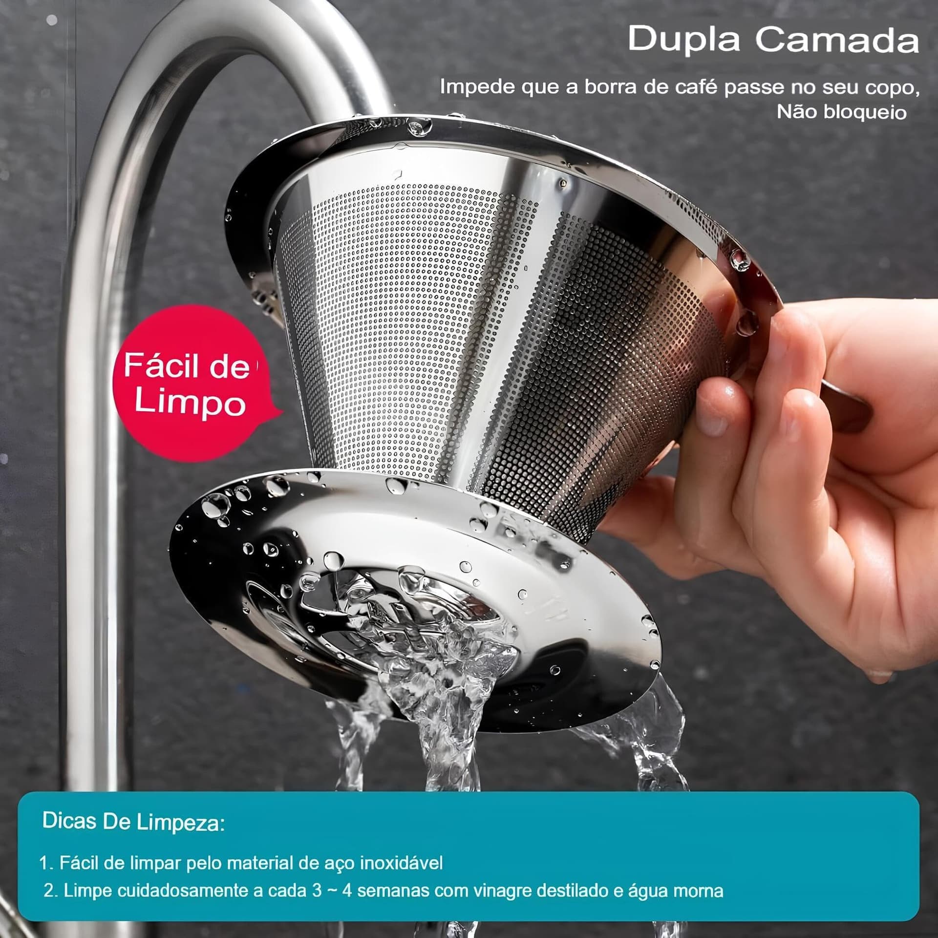 Coador de Café 103 Filtro Inox Reutilizável Premium – Peneira de Aço Durável e Sustentável, Sem Uso de Papel, Econômico e Ecológico, Fácil de Usar e Limpar, Preserva o Sabor Natural do Café thumbnail 7