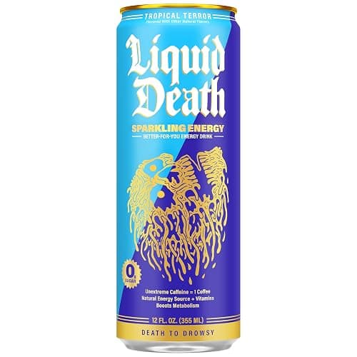 Liquid Death Sparkling Energy - Tropical Terror (Piña Colada Flavor), Sugar-Free Energy Drink, Unextreme Caffeine 100mg, Essential Vitamins, 12 Fl Oz (Pack of 12) thumbnail 3