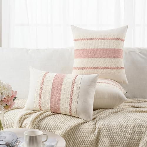 Fancy Homi Set of 2 Boho Pink Decorative Throw Pillow Cover 22x22 Inch for Couch Bed Sofa, Aesthetic Modern Organic Farmhouse Home Decor, Soft Cotton Cute Accent Macrame Woven Cushion Case thumbnail 5