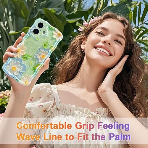 EYZUTAK Case for iPhone 17, Colorful Retro Oil Painting Flower Laser Glossy Pattern Cute Curly Wave Edge Exquisite Phone Cover Stylish Durable TPU Protective Case for Girl Women - Blue White thumbnail 8
