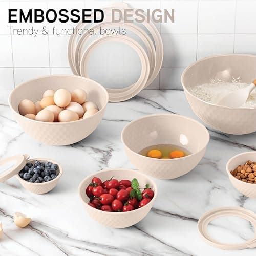 COOK WITH COLOR Mixing Bowls with Lids - 12 Piece Plastic Nesting Bowls Set includes 6 Prep Bowls and 6 Lids, Microwave Safe Mixing Bowl Set, Cream Embossed thumbnail 6