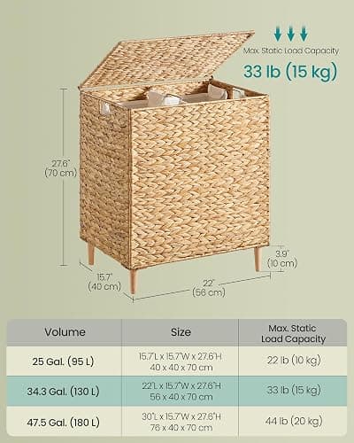 SONGMICS Laundry Hamper 2 Sections, 34.3 Gal. (130 L) Handwoven Water Hyacinth Wicker Laundry Basket with Lid, Natural Material, Removable Machine Washable Liners, Handles, Natural ULCB202Y01 thumbnail 2