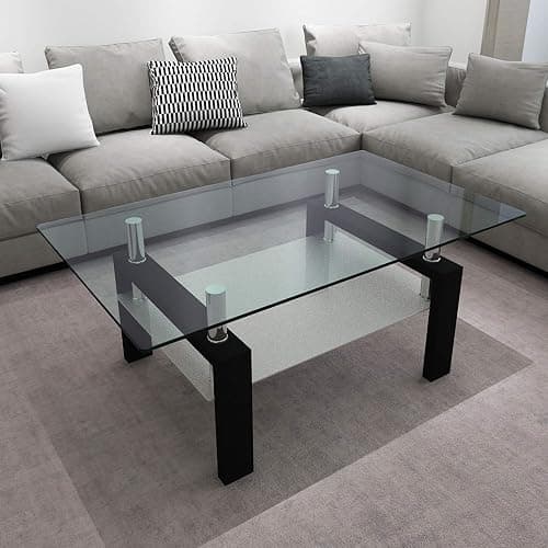 IANIYA Coffee Table with Metal Tube Legs, Glass and Rectangle End Table for Livingroom (Black) thumbnail 4
