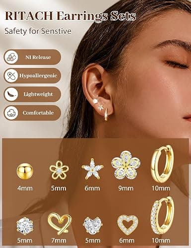 Small Gold Stud Earrings Set for Women - 14K Gold Plated CZ Huggie Hoops Hypoallergenic Earrings Dainty Flower Heart Stud Earrings for Jewelry Gift thumbnail 5