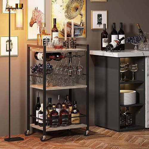 TUTOTAK Bar Cart, Home Bar Serving Cart, Small Wine Cart with 3-Tier Shelf, Beverage cart, Drink Cart with Wine Rack and Glass Holder, Rolling bar carts for The Home, Living Room, Greige BC01BG035 thumbnail 6