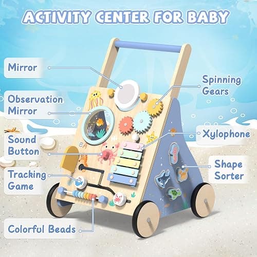 Ocean-Themed Wooden Baby Walker with Activity Center, Montessori Push Walker Toy for Babies 18 Months, Safe First Steps Baby Walking Aid for Boys & Girls thumbnail 3