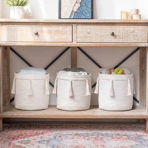 Mkono Macrame Decorative Cotton Rope Basket Boho Cute Woven Tassel Closet Storage Bins Organizer for Nursery,Baby Toys,Magazines, Potted Plants Cover,Living Room,Bedroom,Home Decor 11"x11",Small - s thumbnail 2