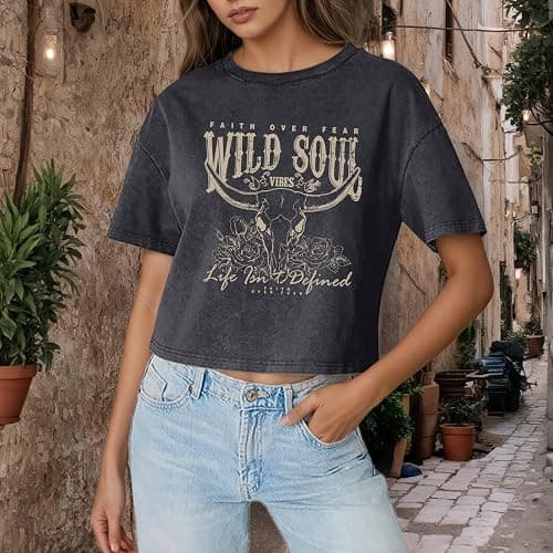 Deyaidy Western Cowgirl Cropped Shirts for Women Faith Over Fear Country Shirt Wild Soul Vintage Graphic Tee Acid Wash Tshirt thumbnail 4