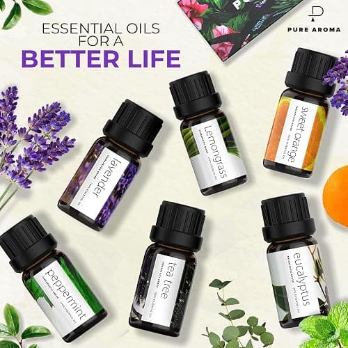 Essential Oils Set by Pure Aroma - Top 6 Aromatherapy Oils Gift Set-6 Pack, 10ml (Eucalyptus, Lavender, Lemongrass, Sweet Orange, Peppermint, Tea Tree) thumbnail 2