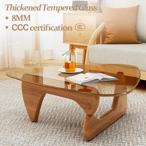 Triangle Coffee Table in Walnut Mid Century Modern Solid Wood Base and Triangle Clear Glass Coffee Table for Living Room Low Minimalist Tea Table Coffee Tables (32.3 * 22.4 * 16, Walnut Teal) thumbnail 3