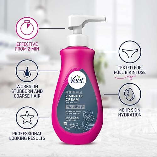 Veet Professional 2 Minute Cream for All Skin Types with Shea Butter, Full Bikini & Pubic Hair Removal, Dermatologically Tested, 13.5 FL OZ Bottle w/Spatula thumbnail 3