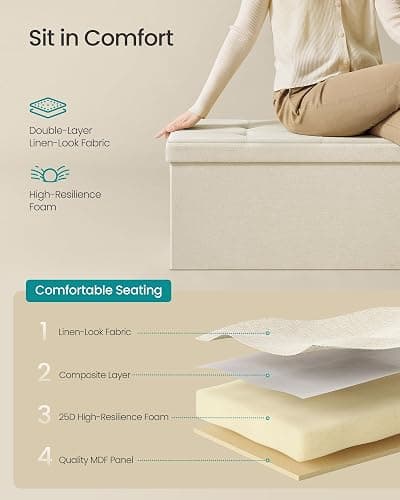 SONGMICS MAZIE Collection - 43 Inches Folding Storage Ottoman Bench, Ottoman Foot Rest, End of Bed Bench, Storage Chest, Load 660 lb, for Living Room, Bedroom, Entryway, Cream White ULSF77BE - Cream White - 15"D x 43"W x 15"H thumbnail 5
