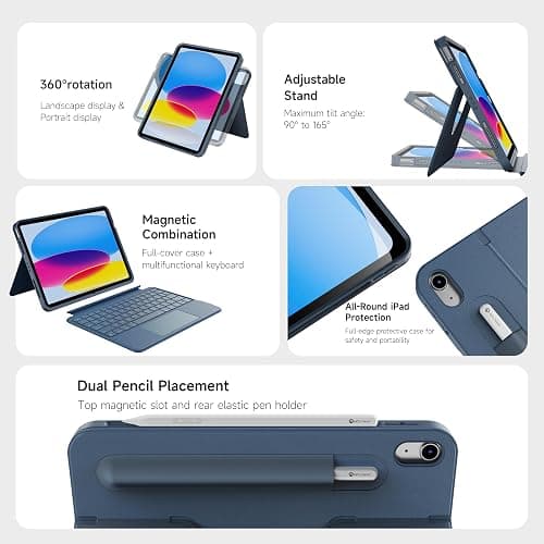HOU iPad A16 11th/10th Generation Case with Keyboard, Rotatable & Detachable Keyboard Case for iPad 11/10, Elastic Pen Holder, Full Protection Cover, 7-Colors Backlight, Multi-Touch Trackpad, Blue thumbnail 2