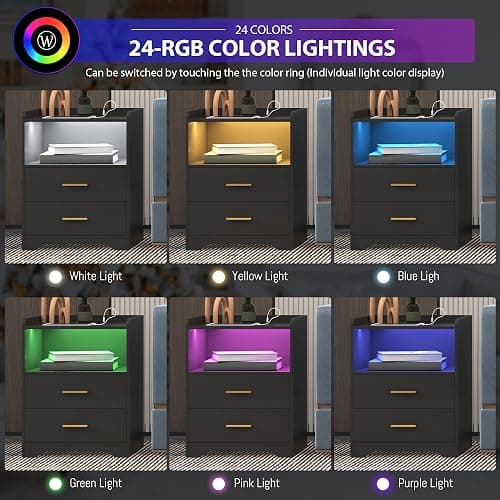 dnbss Black LED Nightstand with Charging Station, Modern Night Stands with 24-Color RGB LED Lights, Smart Lighted Black Bedside Table with 2 Drawers for Bedroom thumbnail 4