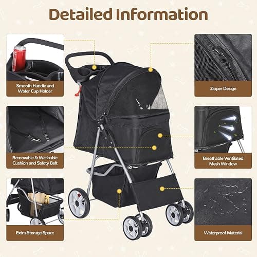 ZENY Foldable Pet Stroller, Cat/Dog Stroller with 4 Wheel, Pet Travel Carrier Strolling Cart with Storage Basket, Cup Holder (Black) thumbnail 6