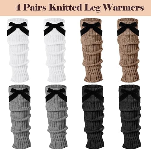 Geyoga 4 Pairs Winter Velvet Bow Leg Warmers for Women Warm Leg Warmer Kawaii 80s Y2k Coquette Japanese Knitted Boot Socks thumbnail 2