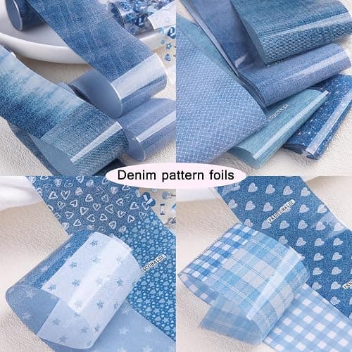 FSpronail Denim Nail Foil Transfer, 10 Rolls/Box Blue Jeans Prints Plaids Nail Stickers Foil Transfer Sheets Hearts Stars Decals Starry Paper Punk Decoration Manicure Wraps Pegatinas Uñas Salon Supply thumbnail 4