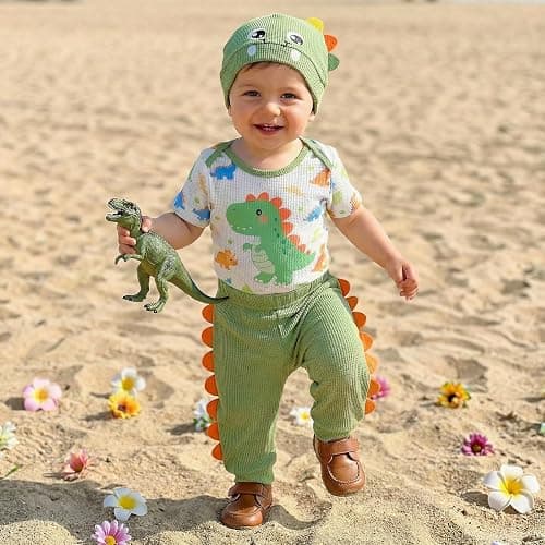 Lamuusaa Newborn Baby Boy Clothes 0 3 6 12 18 Months Short Sleeve Dinosaur Romper Long Pants Hat 3Pcs Summer Outfit thumbnail 2