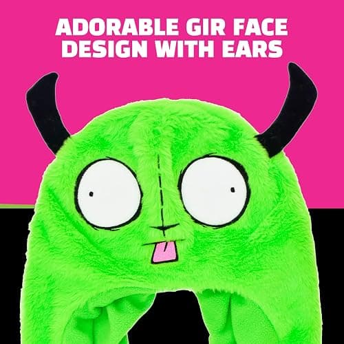 Invader Zim Beanie Hat, Gir Men's Cuffed Peruvian Winter Knit Cap with 3D Horns, Green, One Size thumbnail 3