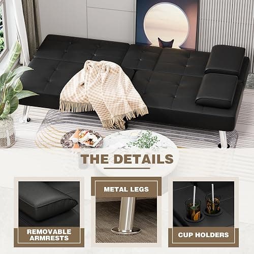 OKWF Futon Sofa Bed, Leather Futon Couch with Removable Armrests, Adjustable Recliner Sleeper Sofa Bed with Dual Cup Holders for Living Room, Apartment, Office (Black), 30.7 x 65 x 28 thumbnail 4